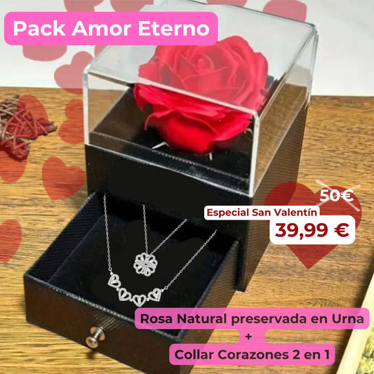 Pack Amor Eterno: Caja Rosa Preservada + Collar corazones 2 en 1