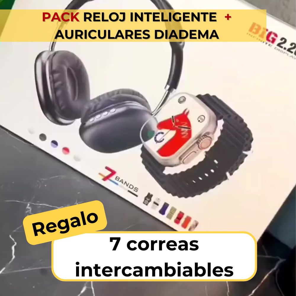 Pack 3 UN Reloj Inteligente Smart Watch + Auriculares Diadema